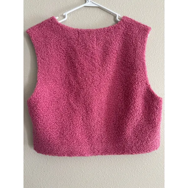 Anthropologie Cropped Sherpa Vest Womens One Size Pink Button‎ Cozy Preppy - Image 2