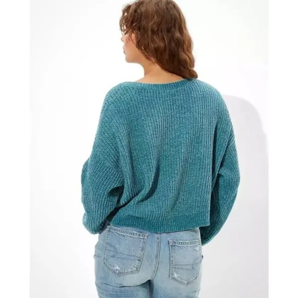 American Eagle Chenille Oversized Chunky V-Neck Sweater Teal Size M - Image 2