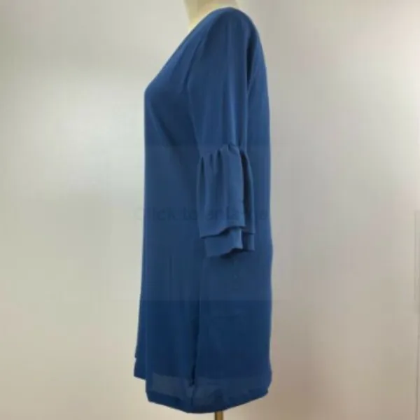 Belongsci Shift Dress Women XS Blue Tiered Bell Sleeve‎ V-Neck Mini 8817# - Image 4
