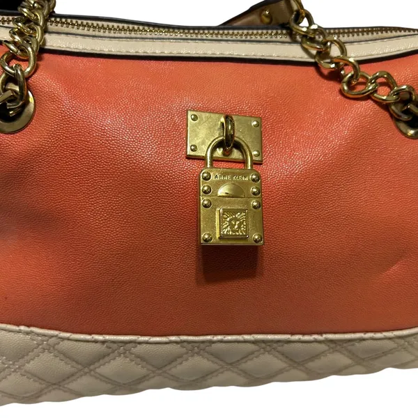 Anne Klein Satchel‎ Bag Womens Coral Cream Quilted Chain Shoulder Purse Padlock - Image 2