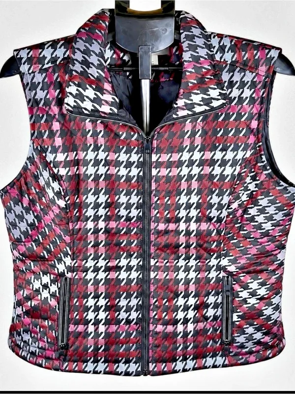Christopher & Banks Houndstooth Quilted Vest Black & Pink Large Like New - Image 2