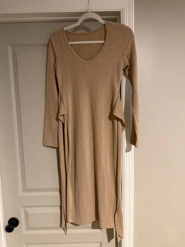 Tan Sweater Dress with Tie Waist - Image 2