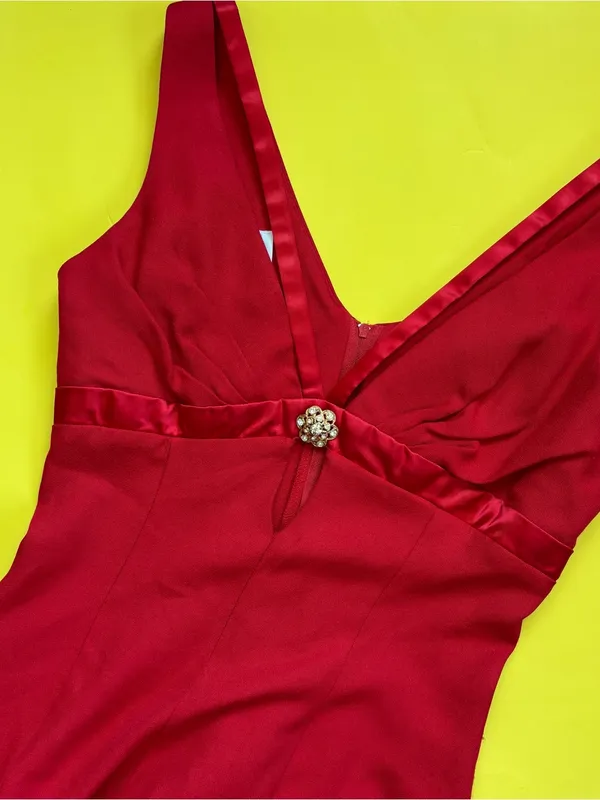 Vintage 80s Solid Red Fitted Full Length Cut Out Formal Dress Size 6 - Image 11