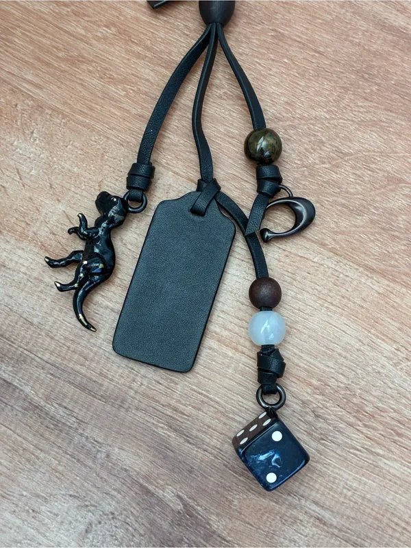 Coach Heritage Black Leather Loop Charm Keychain with Beads, Rexy Dinosaur, Dice - Image 9