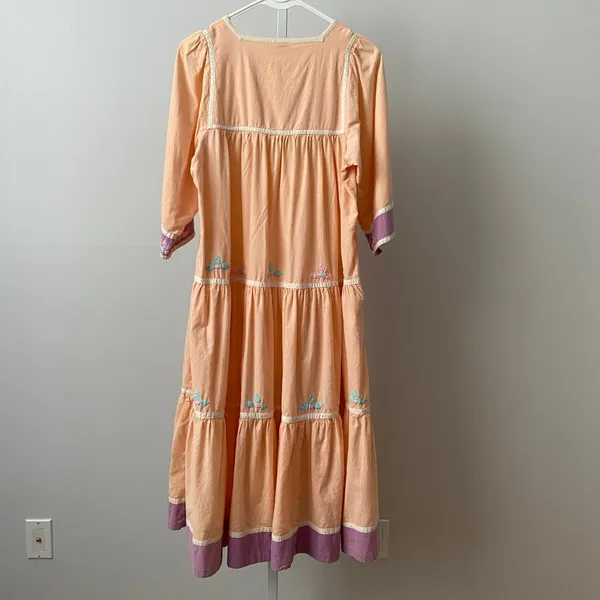 Vintage Cotton Boho Fairy Peasant‎ Embroidered Tiered Maxi Dress Small Peach - Image 7