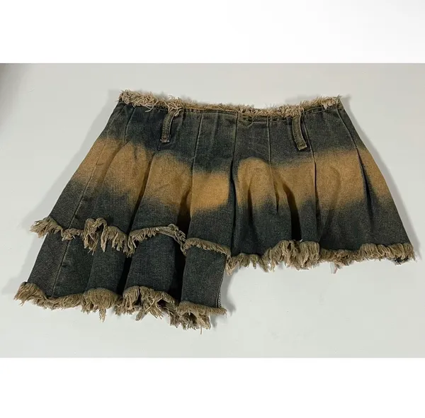 Blue Tan Gold-Wash Jean Denim Ruffle Asymmetrical Mini Skirt Bottoms Size S 💙🤎✨ - Image 4