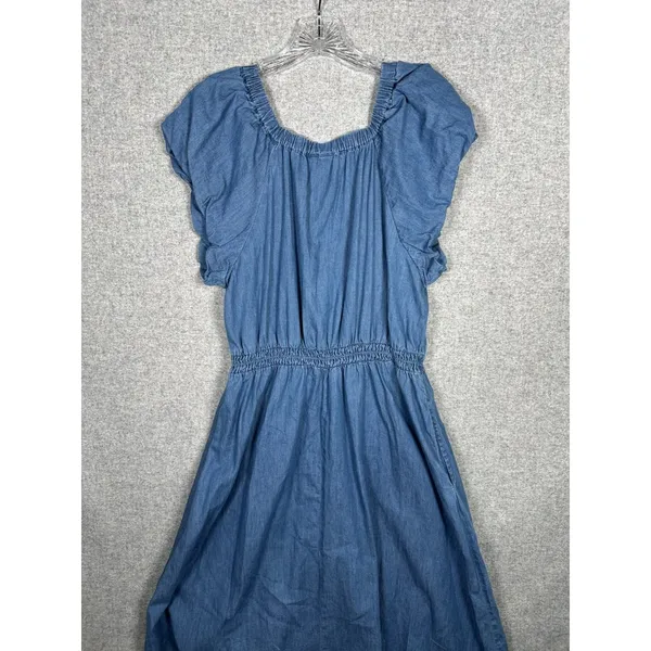 GAP Large Womens Dress Puff Sleeve Denim Midi‎ V-Neck 100% Cotton Medium Wash - Image 13
