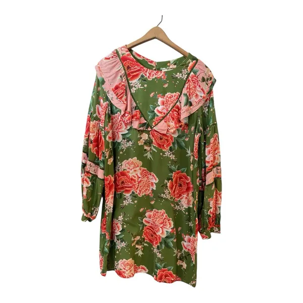 FARM Rio Anthropologie Elinor Tunic Dress Green‎ & Pink Floral Ruffle Size M - Image 5