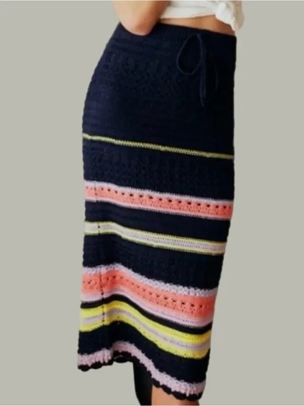 Anthropologie Maeve Antonella Crochet Midi Skirt Navy Striped Small EUC - Image 2