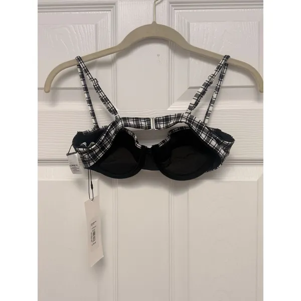 Veronica Beard Dyer Bikini Top Black‎ White Plaid Underwire Swim Small NEW - Image 3