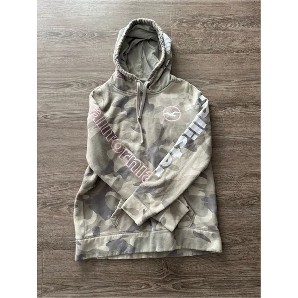 Hollister Womens Pullover Hoodie Small Gray Camo Pink Logo Sleeve Graphic Fleece - Image 8