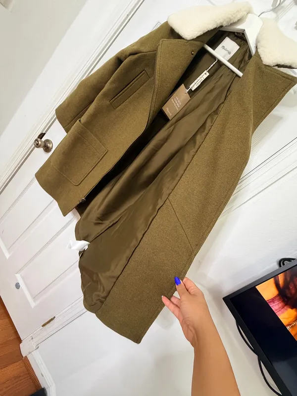 Madewell Eldridge Insuluxe Zip Coat Olive Wool Cashmere Sherpa Collared Winter Minimal NWT S $328 - Image 7