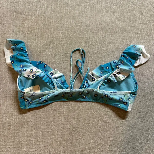 Aerie Floral Ruffle Bikini Top Size Medium‎ Blue Daisy Scoop Neck Swim NWT - Image 2
