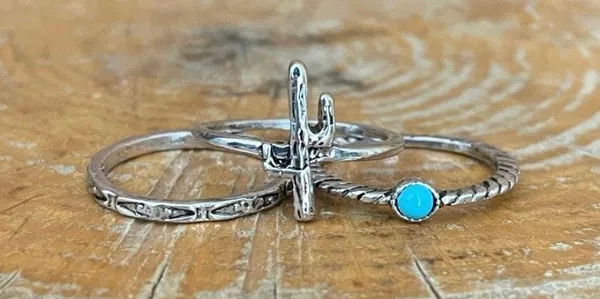 Saguaro Cactus and Turquoise Stacking Ring Set Size 8 Silver - Image 2