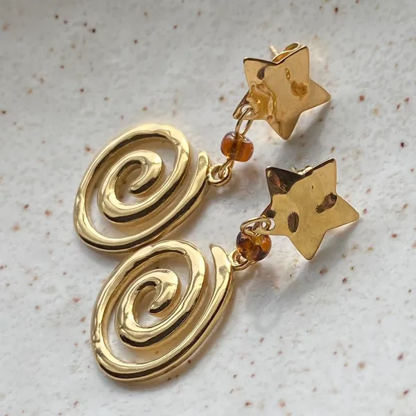 Handmade retro vintage boho funky grunge style fully stainless steel star & swirl dangle earrings☀️🌀 - Image 4