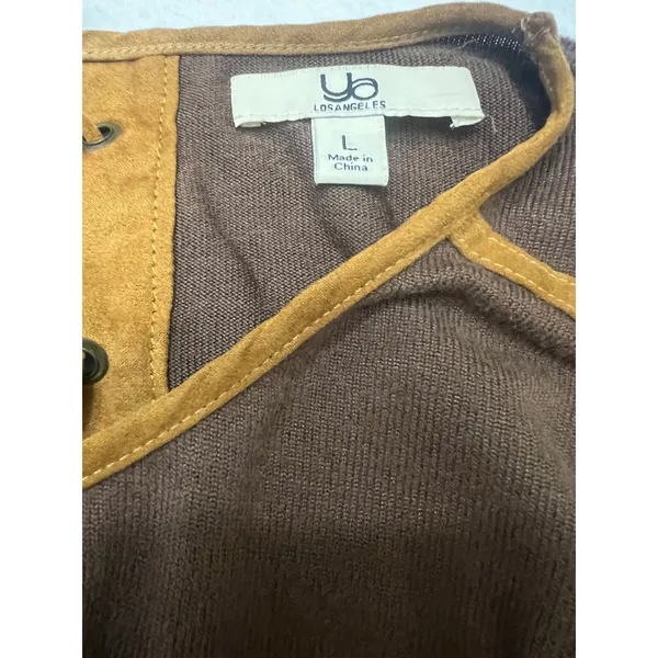 YA Los Angeles Brown Knit Top Faux Suede Lace Up Back Boho Long Sleeve Size L - Image 3