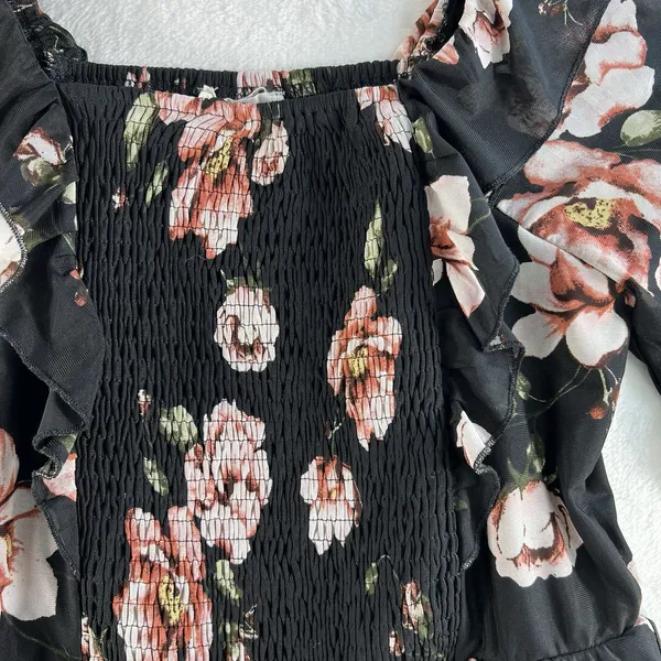 Ember‎ M Medium Top Black Milkmaid Sheer Y2K Whimsigoth Whimsical Fairy Smocked - Image 3