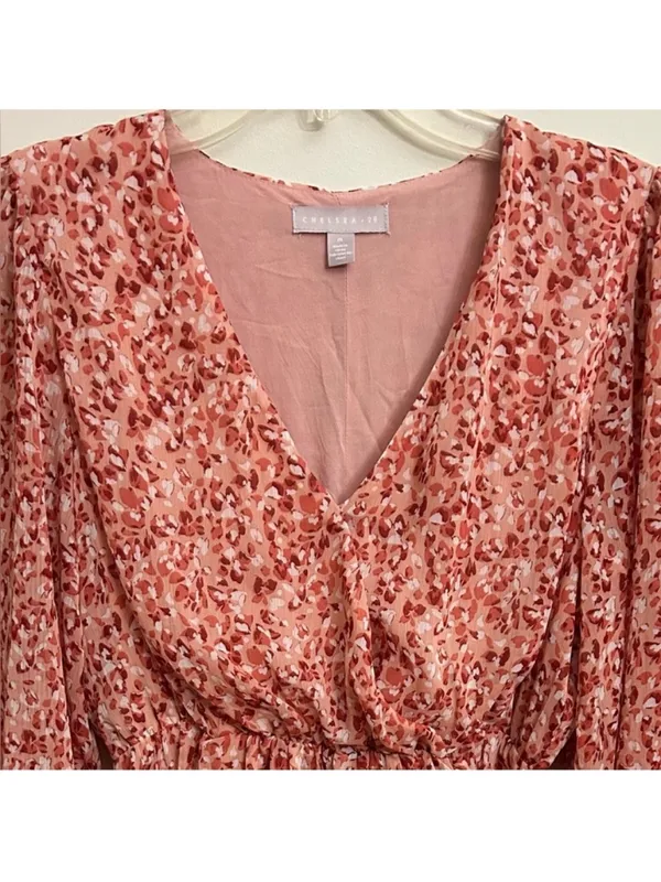 Chelsea 28 Pink White Floral Faux Wrap Long Sleeve Feminine Chiffon Dress Medium - Image 4