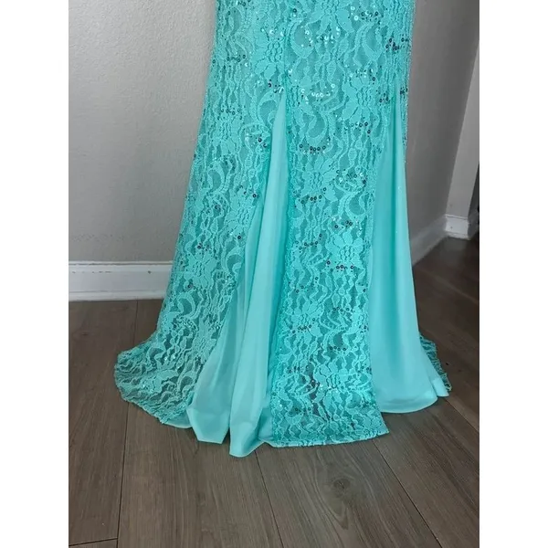 Y2K Eureka Aqua Mint Green Sequin Lace Mermaid Evening Gown Dress Medium - Image 3