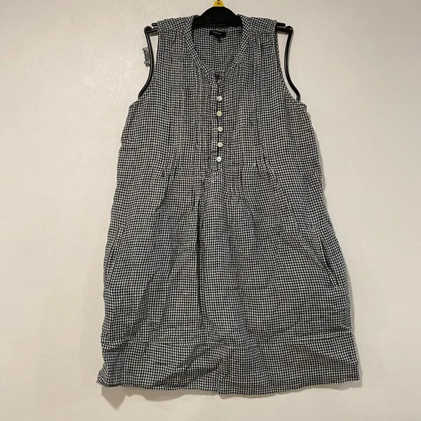 Quince Gingham Check Sleeveless Babydoll Dress Size S Black White Cottagecore - Image 2