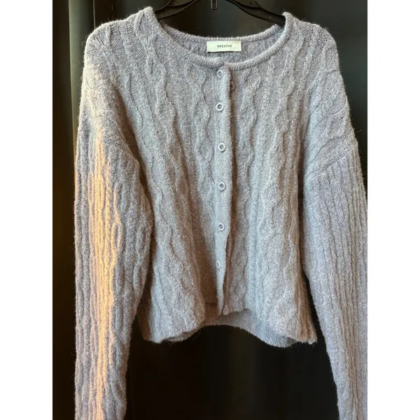 Breathe‎ Lavender Alpaca Blend Cable Knit Cardigan Sweater Purple Made in Korea - Image 2