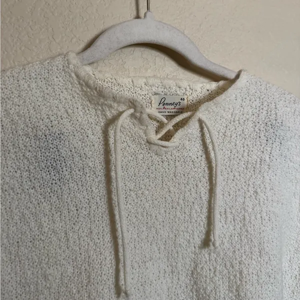 Vintage 70s Sleeveless Knit Top Sz Small Tie‎ Up Cream - Image 2