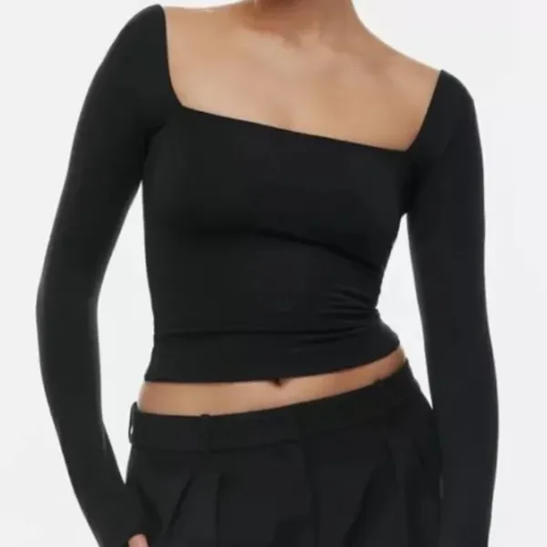 Babaton Black Asymmetrical Long Sleeve Top - Image 4