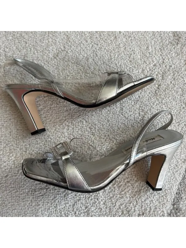 Mister Lovers Silver Slingback Heels Clear PVC Rhinestone Y2K Square Toe Sandals - Image 3