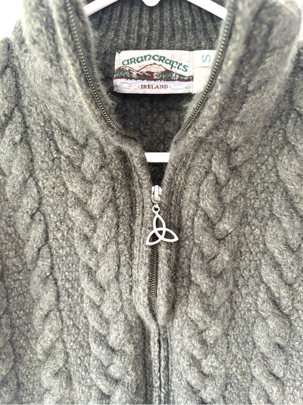 Aran Crafts Army Green Ireland 100% Irish Merino Wool Front Zip Chunky Sweater - Image 2