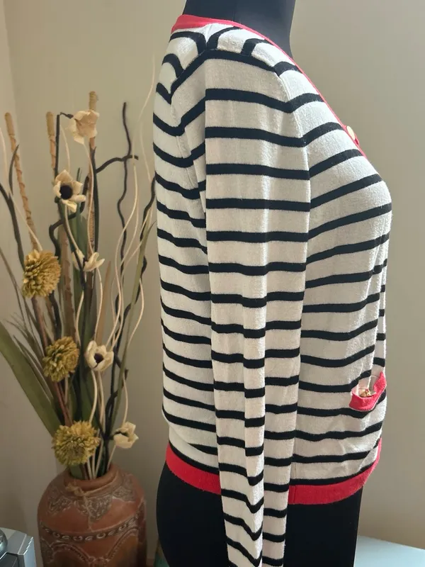 Morgan de toi France Striped Black and White Sweater Cardigan with Red Trim - Image 2