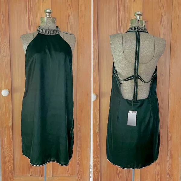 NWT NBDxRevolve Lourdes Green Velvet High Neck Beaded Open Back Mini Dress~ L🧡🎀 - Image 3
