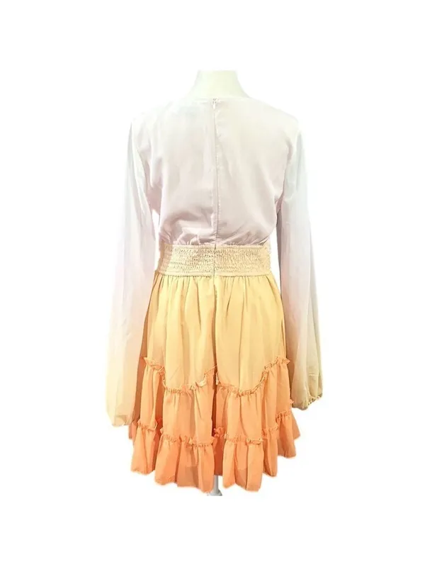 Petal + Pup Ombre Ruffle Tiered Long Sleeve Deep V-Neck Dress Orange Size Medium - Image 2
