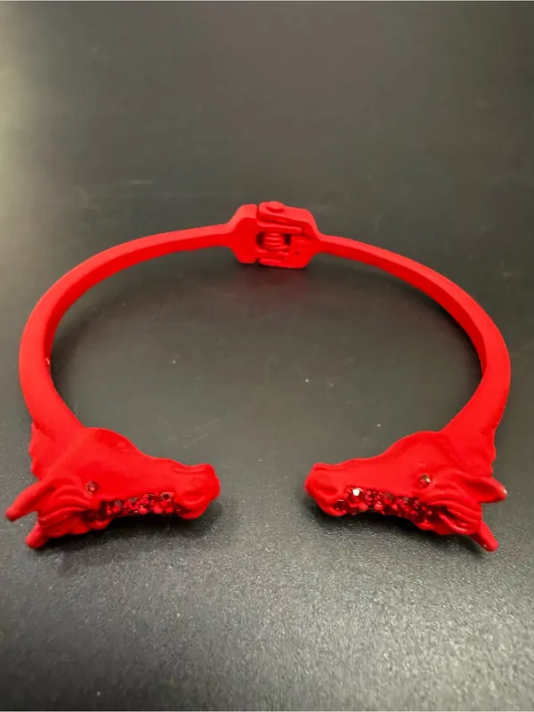 Red-tone Double Horse Head with Rhinestones Open Cuff Bangle Bracelet - Image 2