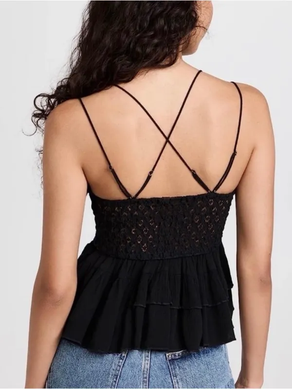 Free People Adela Black Lace Ruffle Camisole with Crisscross Straps - Image 2