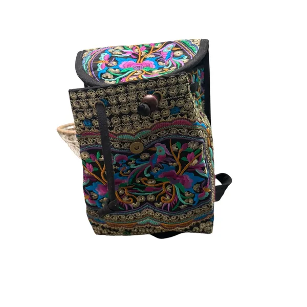 Boho Embroidered Backpack Colorful Floral Birds Drawstring Flap Bag‎ - Image 3