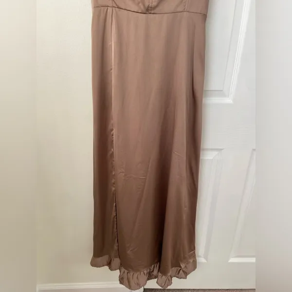 Show Me Your MuMu Taupe Satin Maxi Dress with Ruffle Hem - Image 4