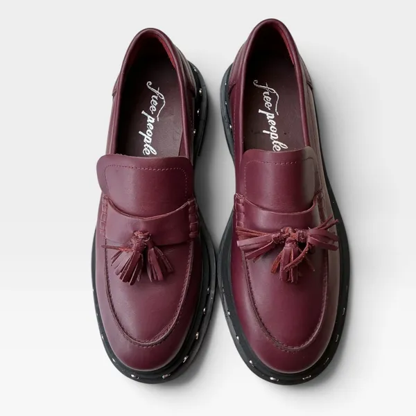Free People Women Burgundy Leather Studded Tassel Platform Lug Sole Loafers 10 - Image 3