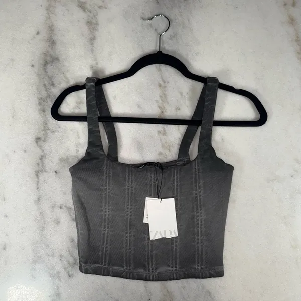 Zara Charcoal Washed Denim Corset Crop Top Structured Bustier Cotton Wmns Small - Image 3