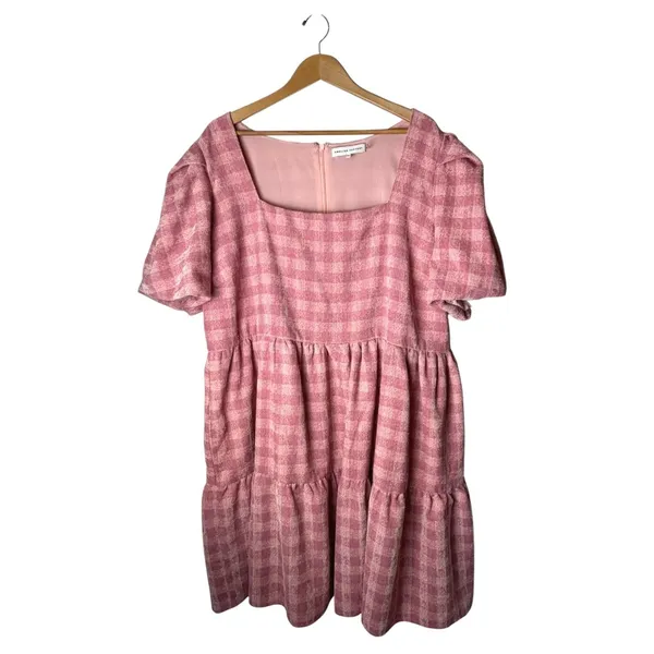 English Factory‎ Gingham Babydoll Dress Women 3X Pink Puff Sleeve Tiered Boho - Image 2