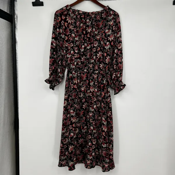 Talbots black Midi Floral leaf print Dress Bracelet Sleeve autumn Size P (XS) - Image 3