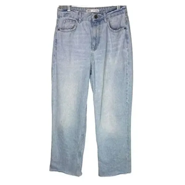 ZARA Vintage Relaxed Style High Rise Wide Leg Raw Hem Casual Cotton Jean 4 Blue - Image 12