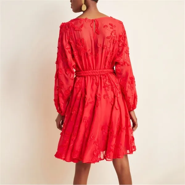 Anthropologie Mare‎ Mare Amal Puff Sleeve Textured Floral Mini Dress Red Size XS - Image 6