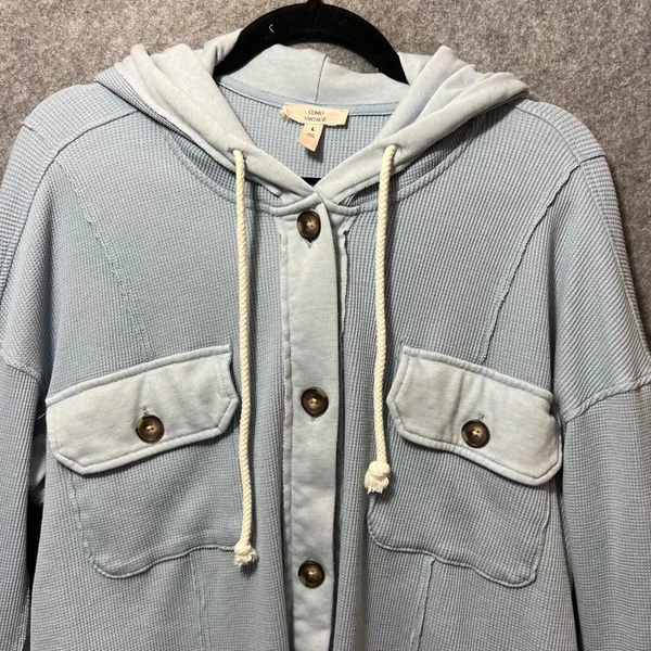 COMO VINTAGE Light Blue Waffle Knit Hooded‎ Button Front Shacket Size L - Image 4