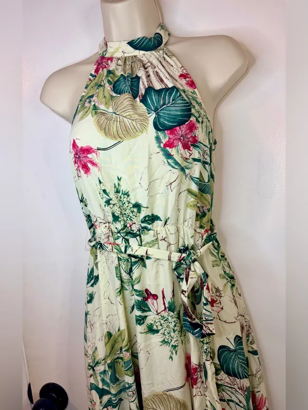 SHEIN XS 2 Tropical Floral Halter Maxi Dress Cream Green Pink Viscose Belted - Image 6