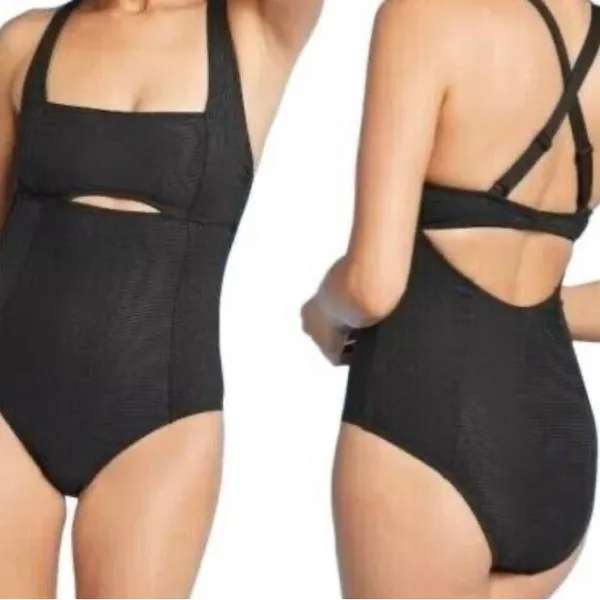 All In Motion Ribbed One Piece Swimsuit Size L Womens Black Cut Out Peak A Boo - Image 2