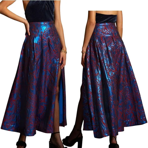 Anthropologie Maeve Pleated Shimmer Maxi Skirt Side Slit Blue Motif Size 4 $160 - Image 2