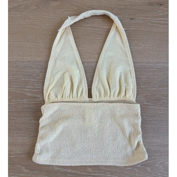 Zara Knit Halter Top Beaded Size S Butter Yellow - Image 2