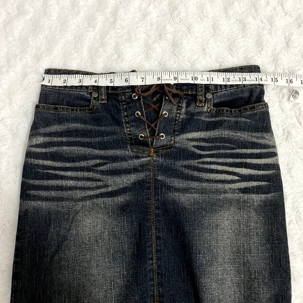 Vintage Y2K Street Code Blue Dark Wash Denim Lace Up Boho Midi Skirt 3/4 - Image 5
