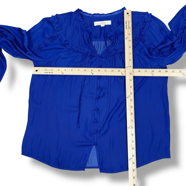 Loft Ruffle Trim Tie Neck Button Up‎ Blouse Long Sleeve Lapis Blue Small - Image 12