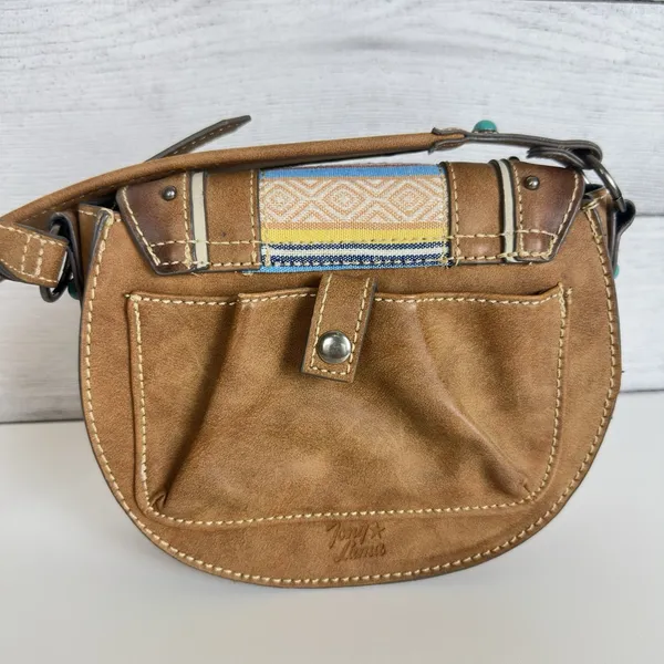 Tony Lama Woven Accent Colorful SaddleBag Leather Southwestern Crossbody‎ Purse - Image 5